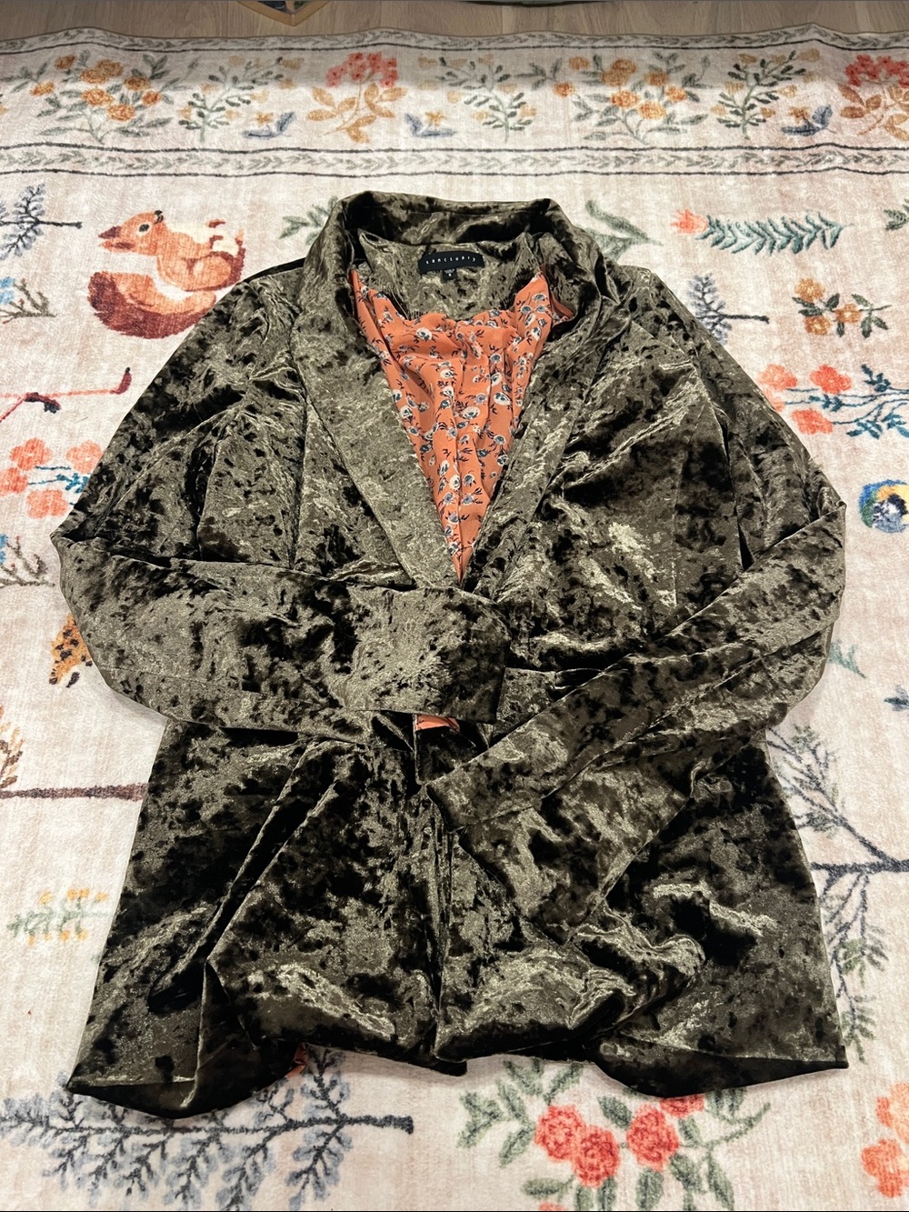 Sanctuary Olive Velvet Blazer with Coral Floral Trim